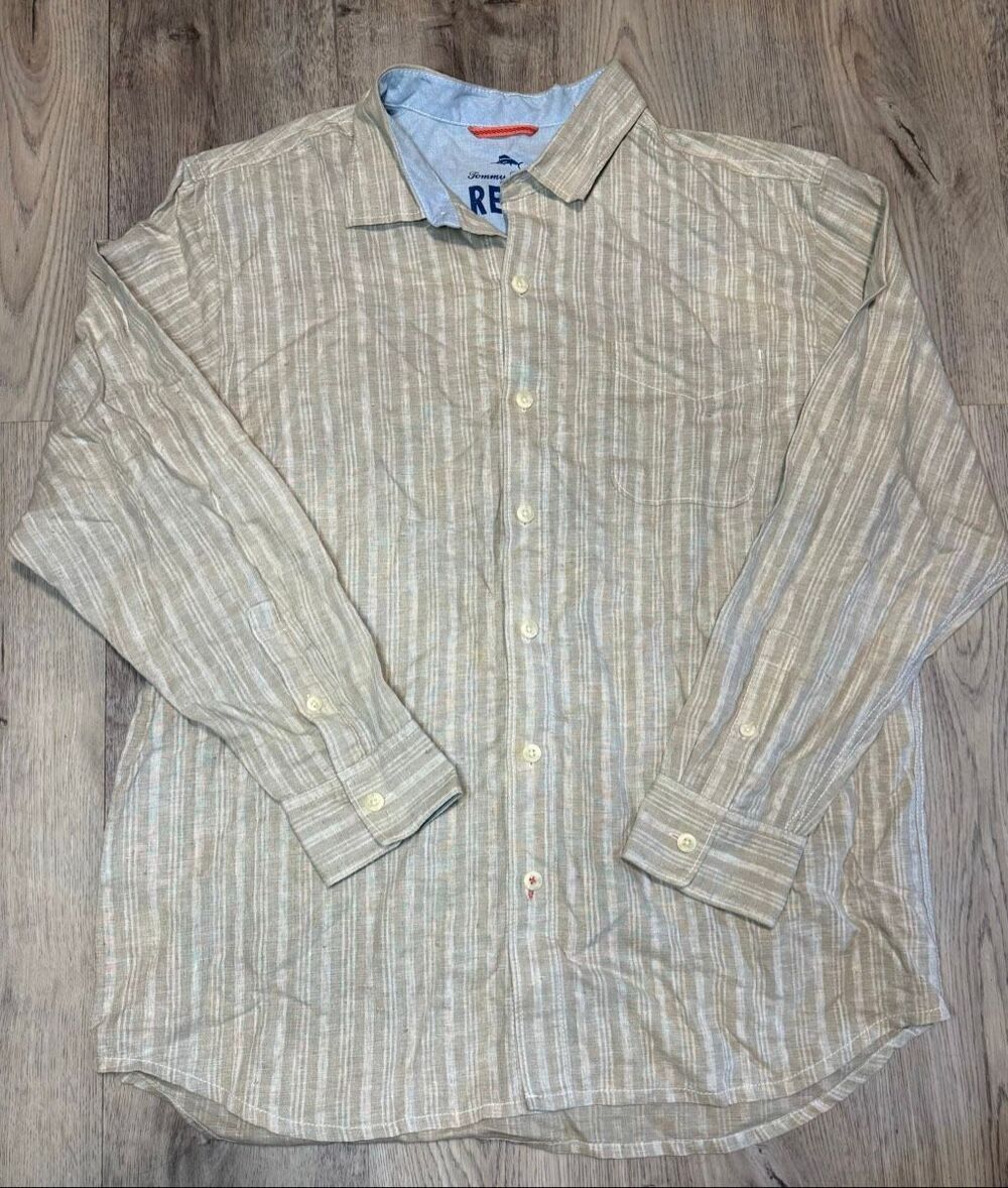Men’s Tommy Bahama Relax Tan Striped Linen Relax Shirt XL